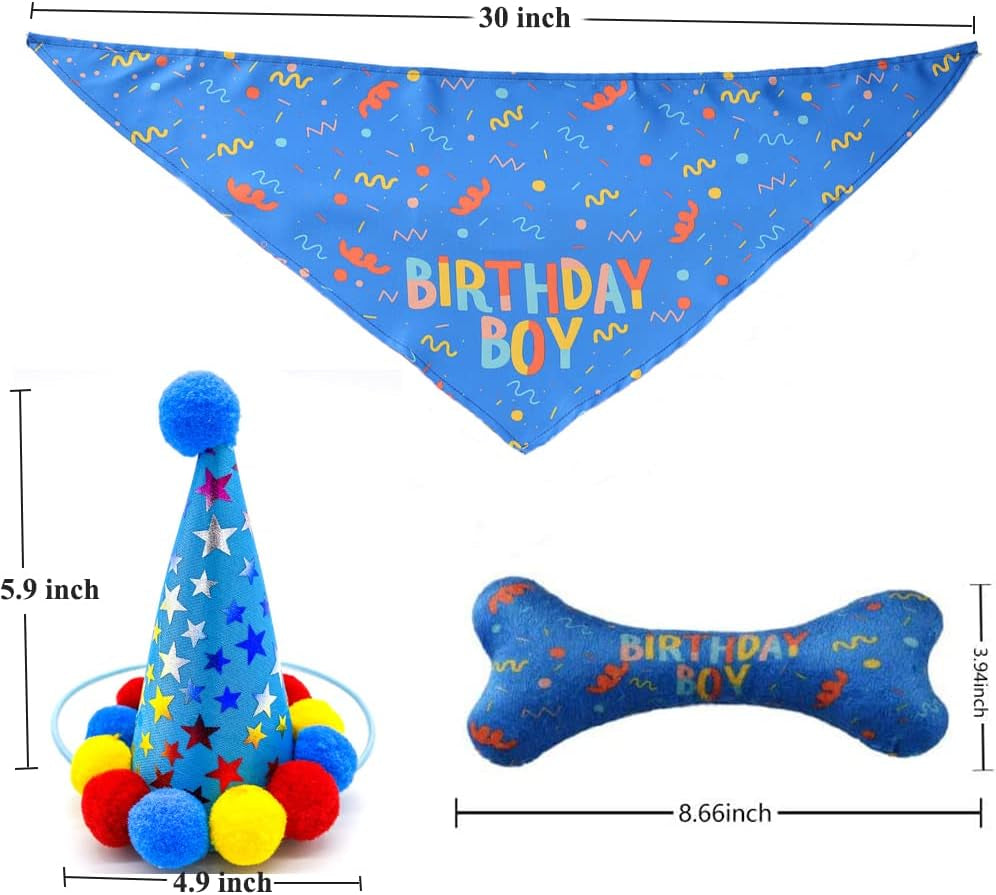 Dog Birthday Boy Bandana Hat Toy Set - Pet Party Supplies, Triangle Bibs with Cute Bone Scarf Accessories and Decoration for Large Doggy - Blue