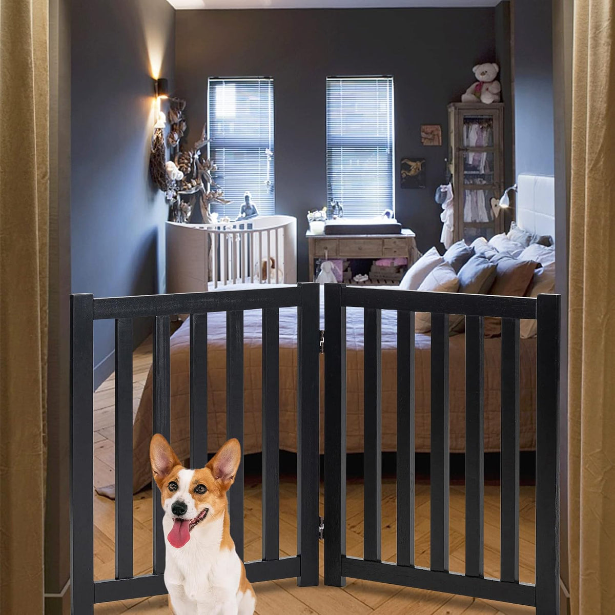 Wooden Free Standing Dog Gate 40" W X 24" H, Foldable Solid Hardwood Pet Safety Fence for House Doorways, Stairs, Hallways, Step-Over Pet Barrier, No Drill Easy Setup, Black