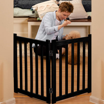 Wooden Free Standing Dog Gate 40" W X 24" H, Foldable Solid Hardwood Pet Safety Fence for House Doorways, Stairs, Hallways, Step-Over Pet Barrier, No Drill Easy Setup, Black