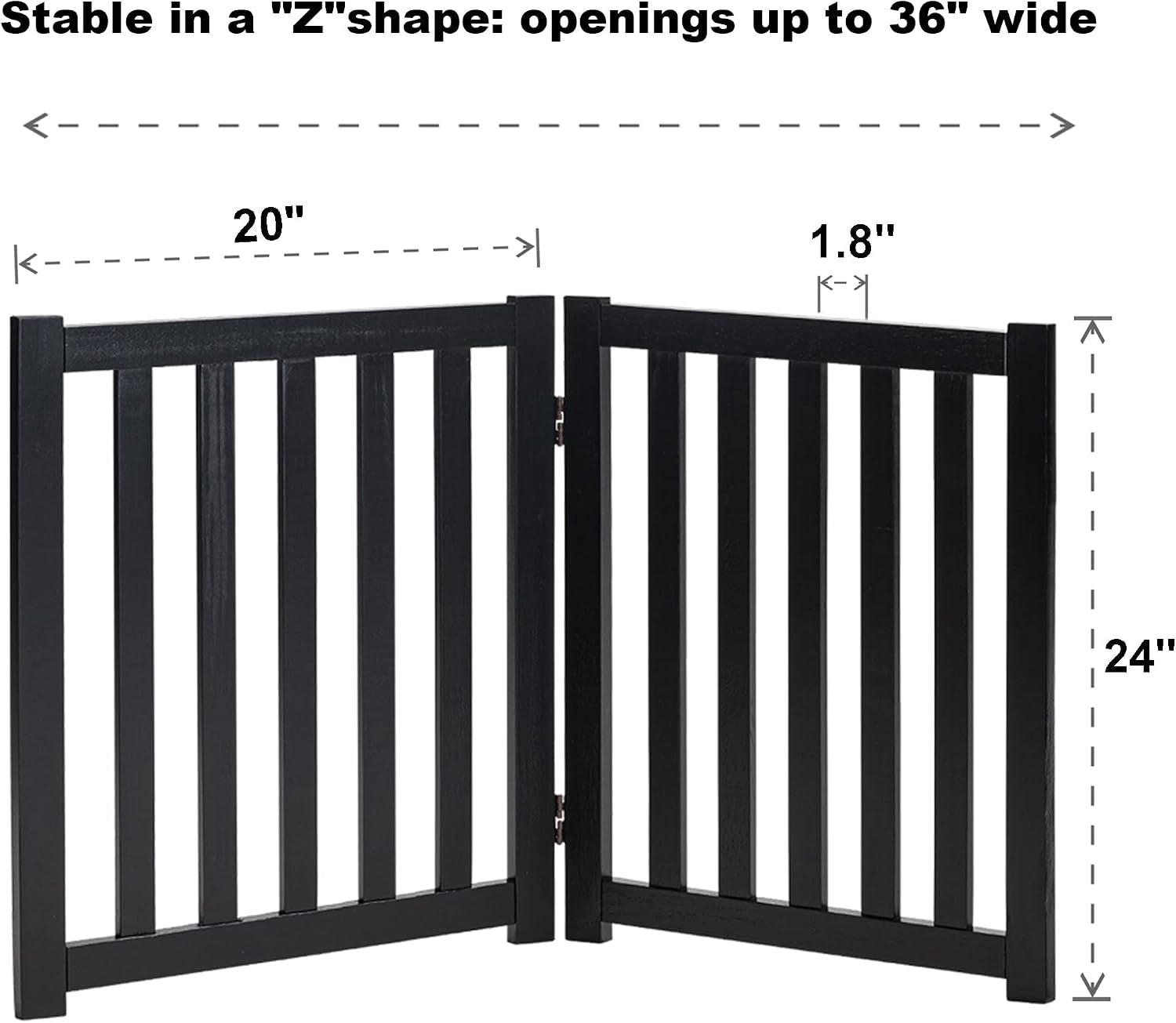 Wooden Free Standing Dog Gate 40" W X 24" H, Foldable Solid Hardwood Pet Safety Fence for House Doorways, Stairs, Hallways, Step-Over Pet Barrier, No Drill Easy Setup, Black