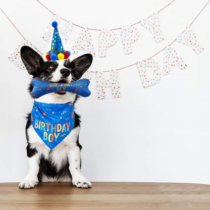 Dog Birthday Boy Bandana Hat Toy Set - Pet Party Supplies, Triangle Bibs with Cute Bone Scarf Accessories and Decoration for Large Doggy - Blue