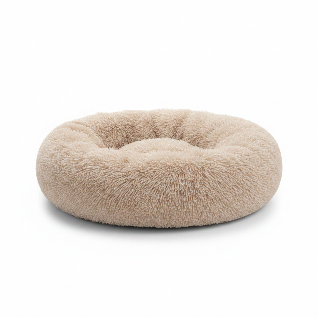 All Dogs Love plush round calming pet bed in beige with a raised rim for head support and cozy long-pile fabric.