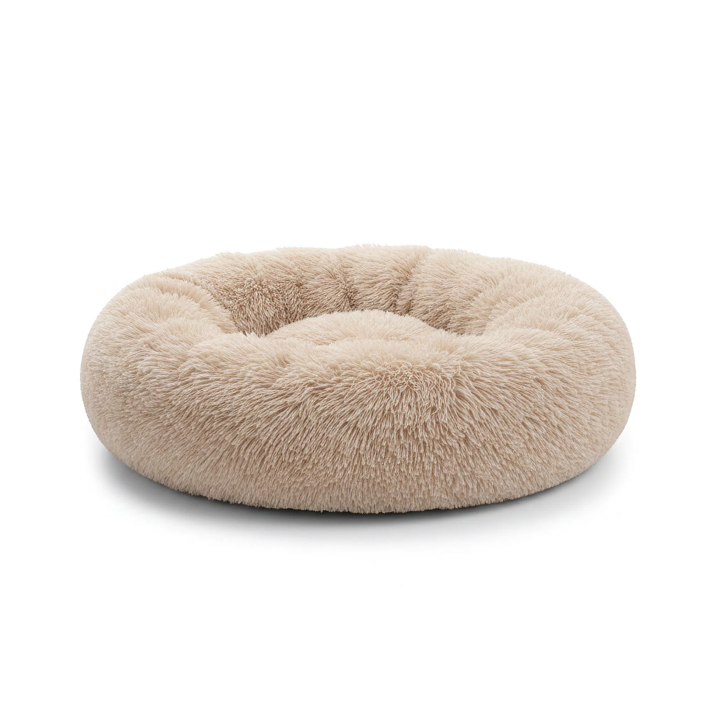 All Dogs Love plush round calming pet bed in beige with a raised rim for head and neck support