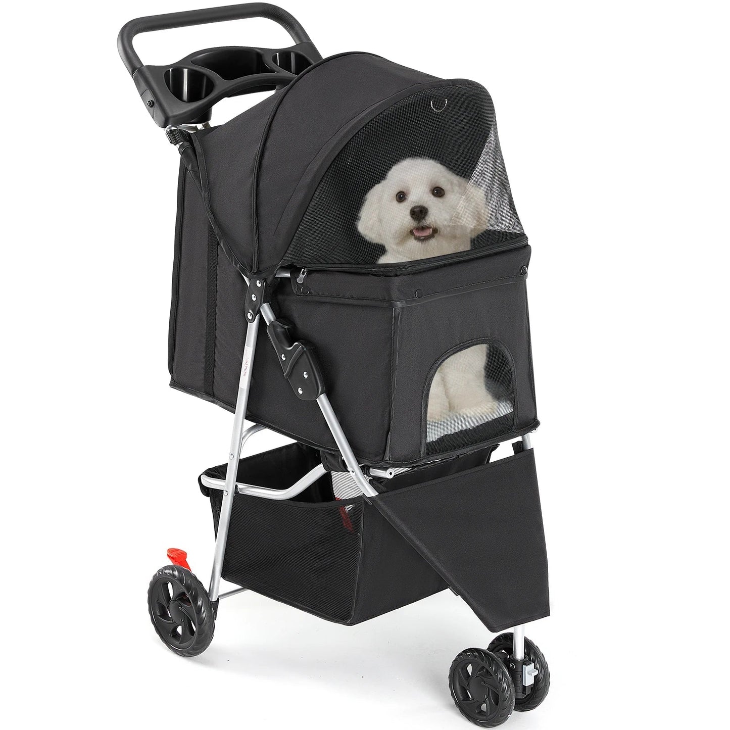 All Dogs Love foldable black 3-wheel pet stroller with a small white dog inside, featuring mesh windows and storage.
