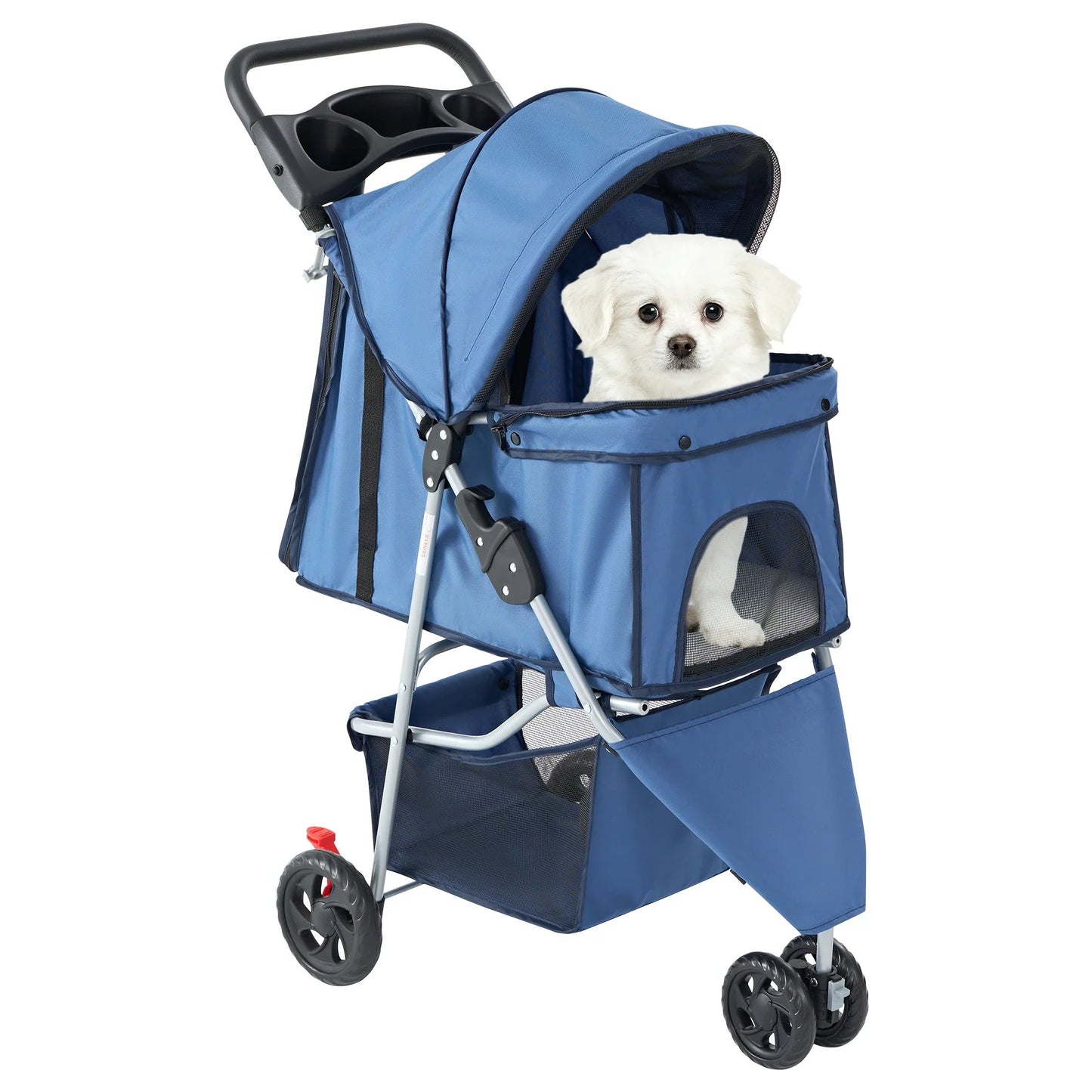 All Dogs Love blue 3-wheel foldable pet stroller with a small white dog inside, featuring mesh windows and storage.