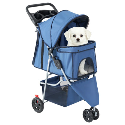 All Dogs Love blue 3-wheel foldable pet stroller with a small white dog inside, featuring mesh windows and storage.