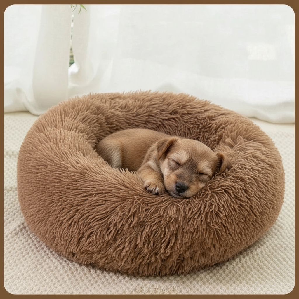 All Dogs Love plush round calming pet bed in brown with a small puppy sleeping inside on a soft textured surface