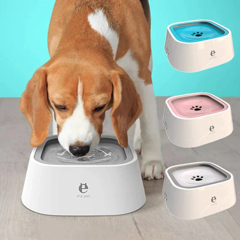 All Dogs Love els pet floating water bowl with non-slip base, shown in blue, pink, and grey for clean pet hydration.