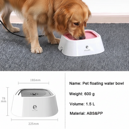 All Dogs Love els pet floating water bowl in white with pink disk, used by a golden retriever to prevent splashing