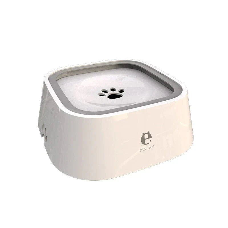 All Dogs Love els pet floating water bowl in white with a grey rim and paw print design for mess-free hydration