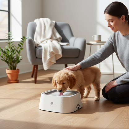 All Dogs Love els pet floating water bowl in white, used by a golden retriever puppy while a woman pets it.