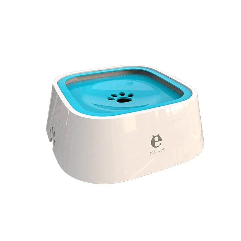 All Dogs Love els pet floating water bowl with a blue disk and white base, designed to prevent spills and splashes.