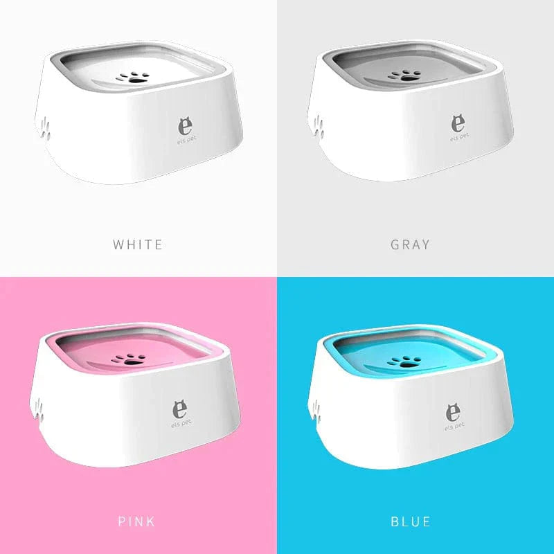 All Dogs Love els pet floating water bowls in white, gray, pink, and blue with anti-splash disk and non-slip base.