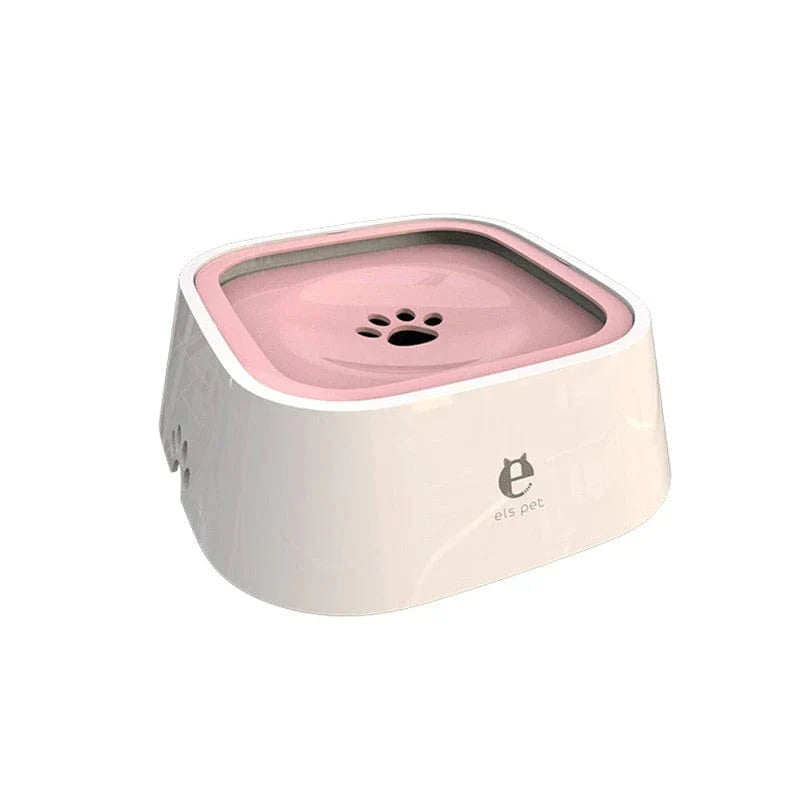 All Dogs Love els pet pink and white floating water bowl with a paw print design for mess-free pet hydration