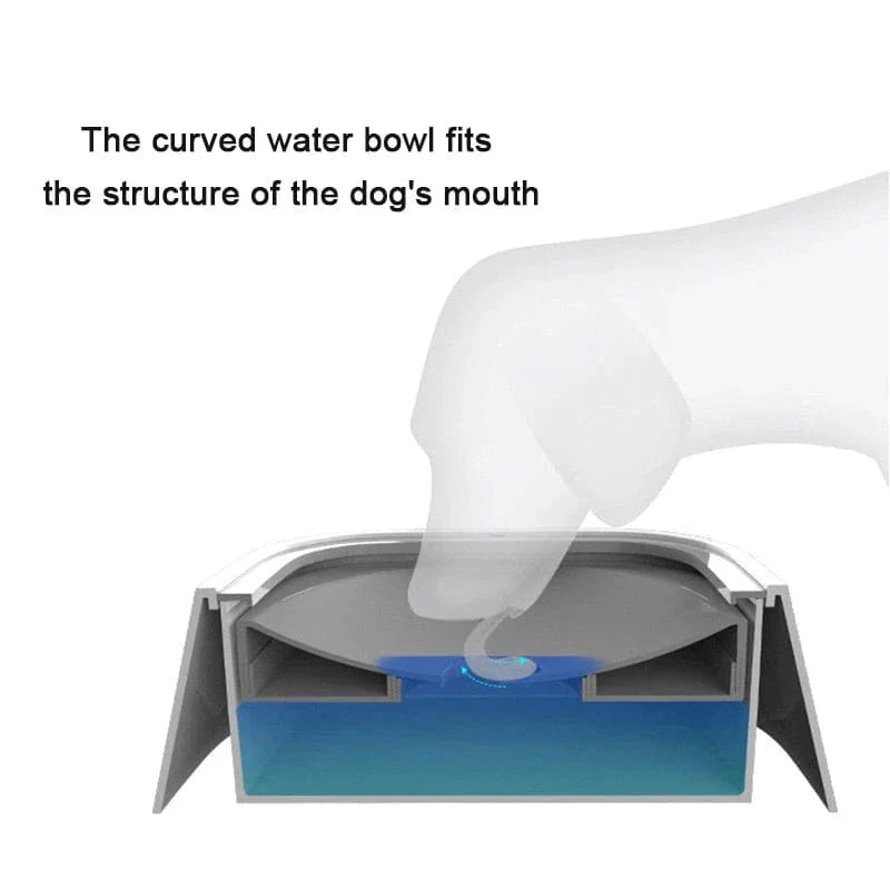 All Dogs Love floating water bowl with a curved disk design that fits a dog's mouth to prevent splashing and mess