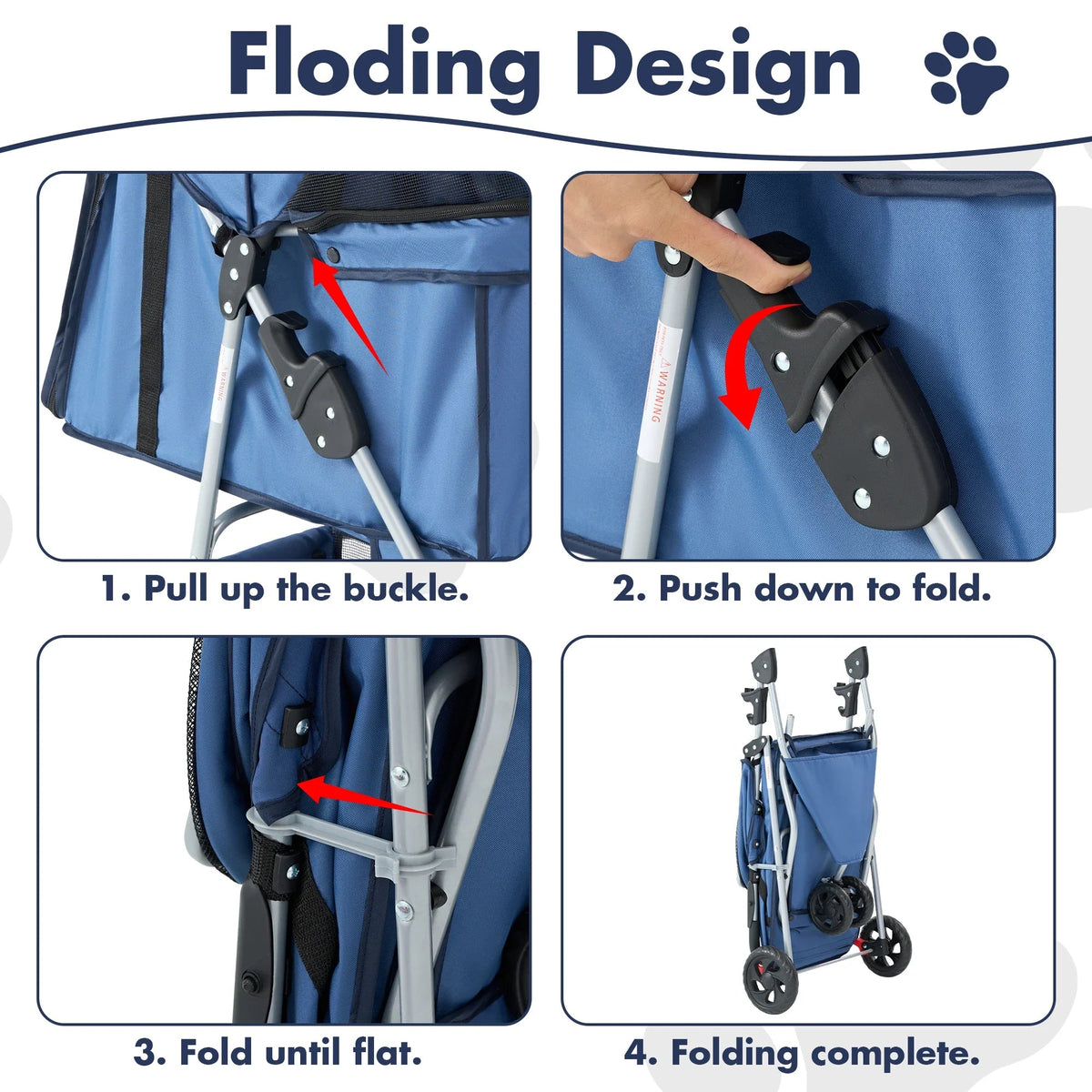 All Dogs Love blue foldable pet stroller showing step-by-step folding instructions with buckle and frame details