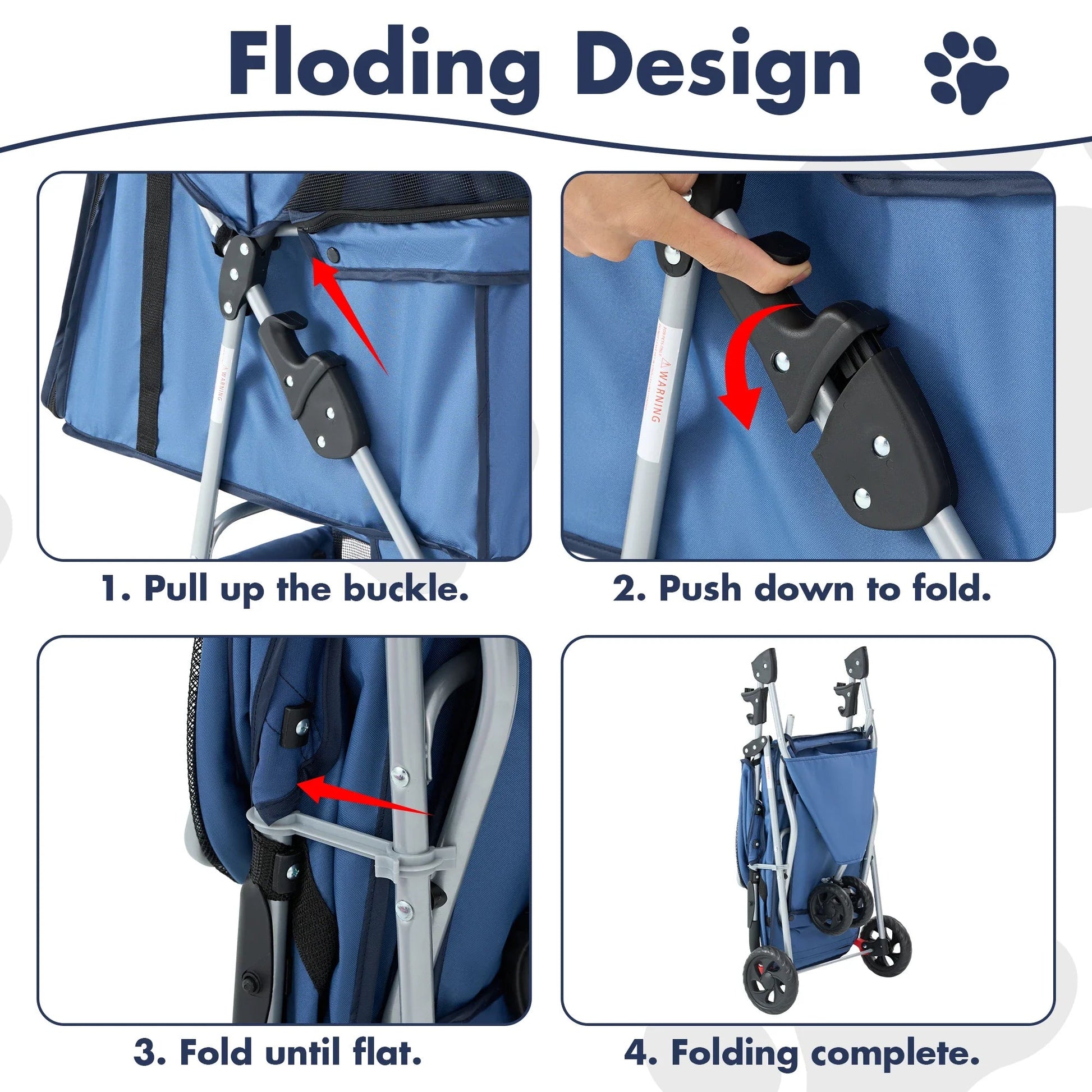 All Dogs Love blue foldable pet stroller showing step-by-step folding instructions with buckle and frame details