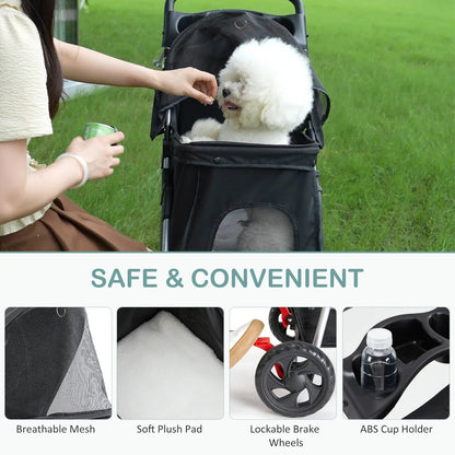 All Dogs Love foldable 3-wheel pet stroller with a white dog inside, featuring mesh windows and a cup holder tray.
