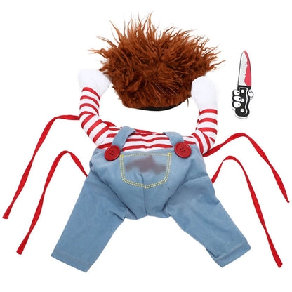 All Dogs Love funny doll character pet costume with striped shirt, denim overalls, brown wig, and toy knife prop.