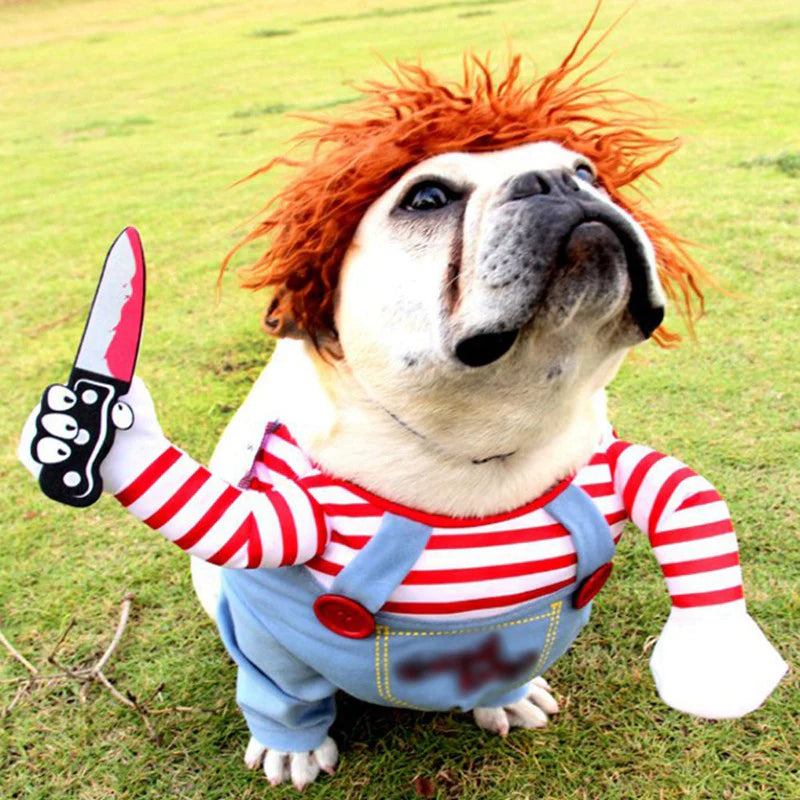 All Dogs Love funny doll character dog costume featuring striped sleeves, denim overalls, and a red wig with a prop