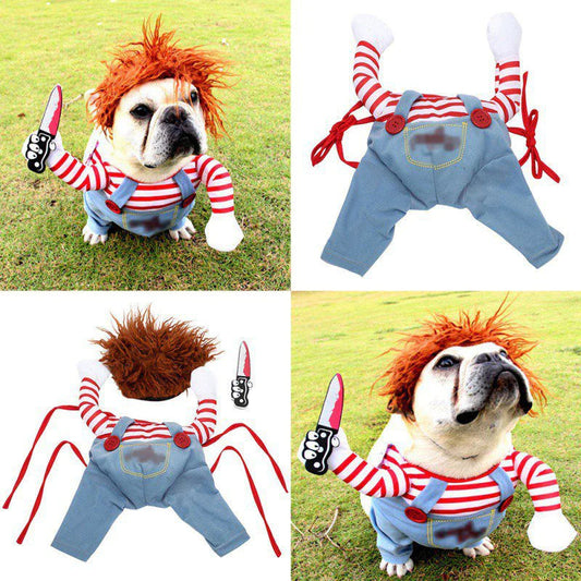 All Dogs Love funny doll character pet costume featuring striped sleeves, denim overalls, red wig, and toy knife prop.