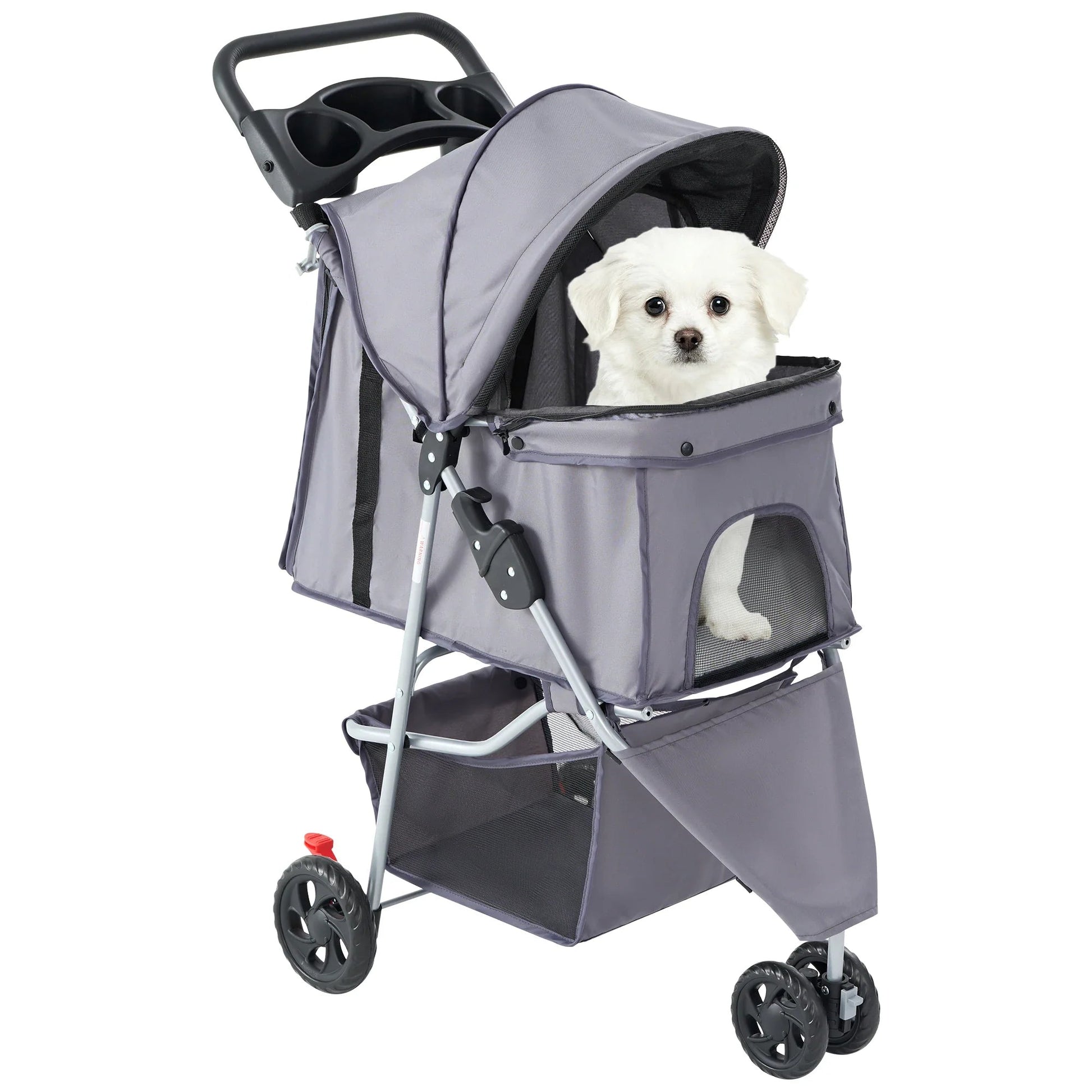 All Dogs Love grey 3-wheel foldable pet stroller with a small white dog inside, featuring mesh windows and storage.
