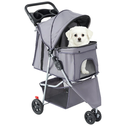 All Dogs Love grey 3-wheel foldable pet stroller with a small white dog inside, featuring mesh windows and storage.