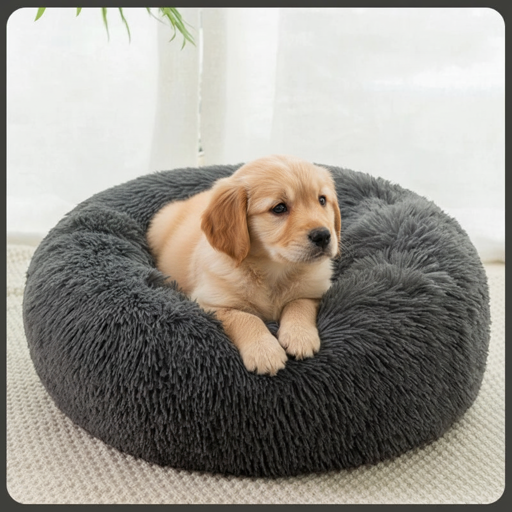 All Dogs Love plush round calming pet bed in dark grey with a cute golden retriever puppy resting inside.