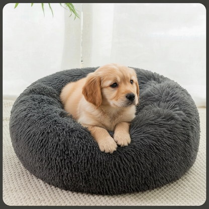 All Dogs Love plush round calming pet bed in dark grey with a cute golden retriever puppy resting inside.