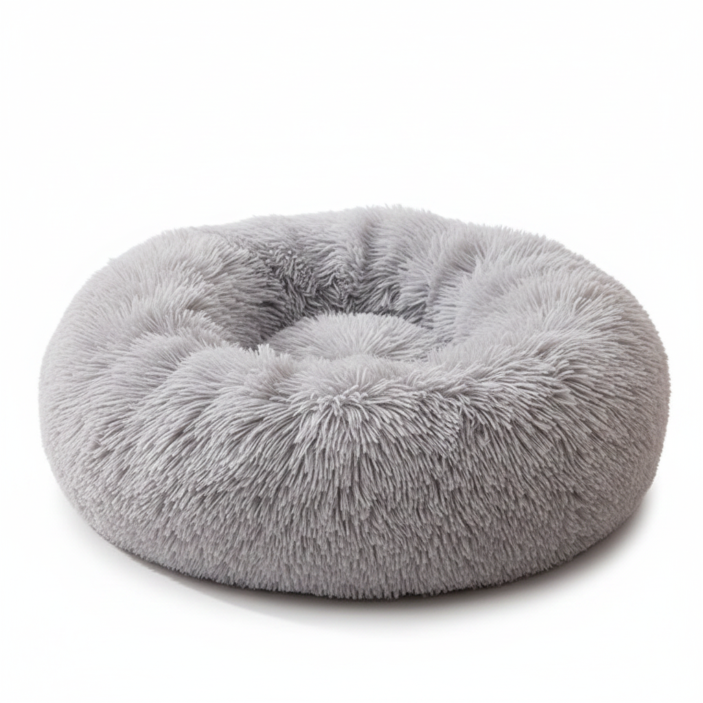 All Dogs Love plush round calming pet bed in light grey with a raised rim for head support and cozy long-pile fabric