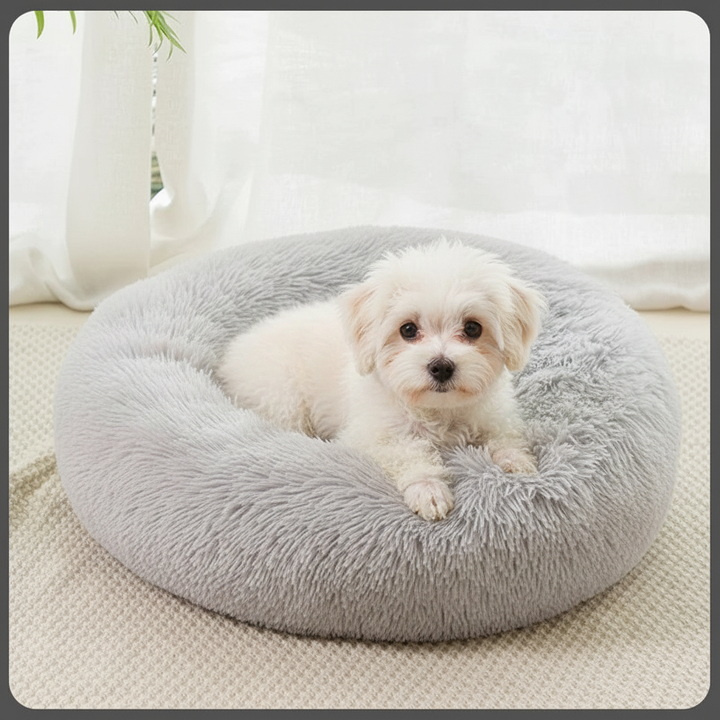All Dogs Love plush round calming pet bed in grey with a small white puppy resting inside on a textured rug