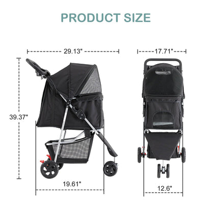 All Dogs Love foldable 3-wheel pet stroller dimensions diagram showing side and front views with measurements