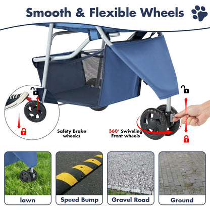 All Dogs Love blue pet stroller featuring 360-degree swiveling front wheels and rear safety brakes for all-terrain use