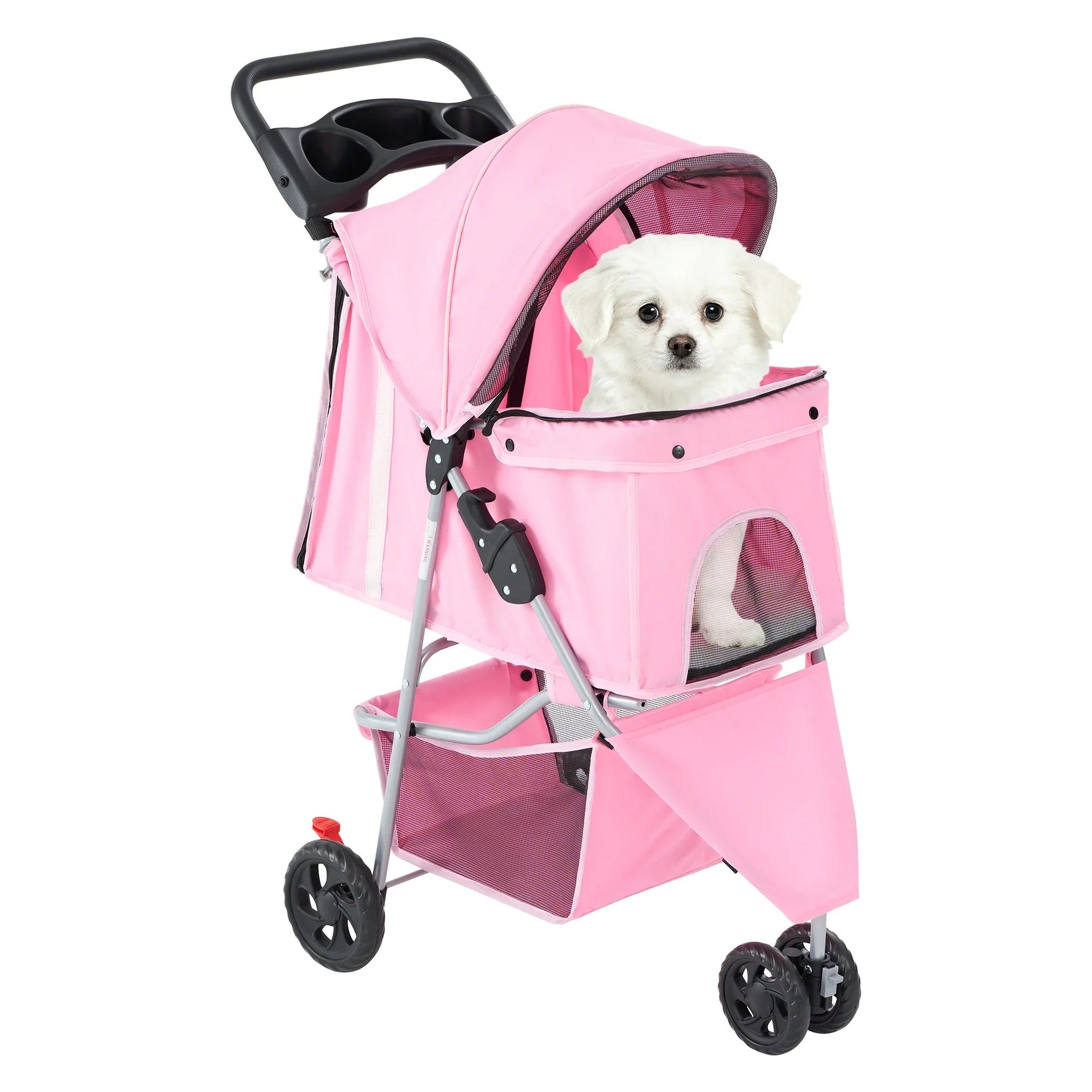 All Dogs Love pink 3-wheel foldable pet stroller with a small white dog sitting inside, featuring mesh windows and storage