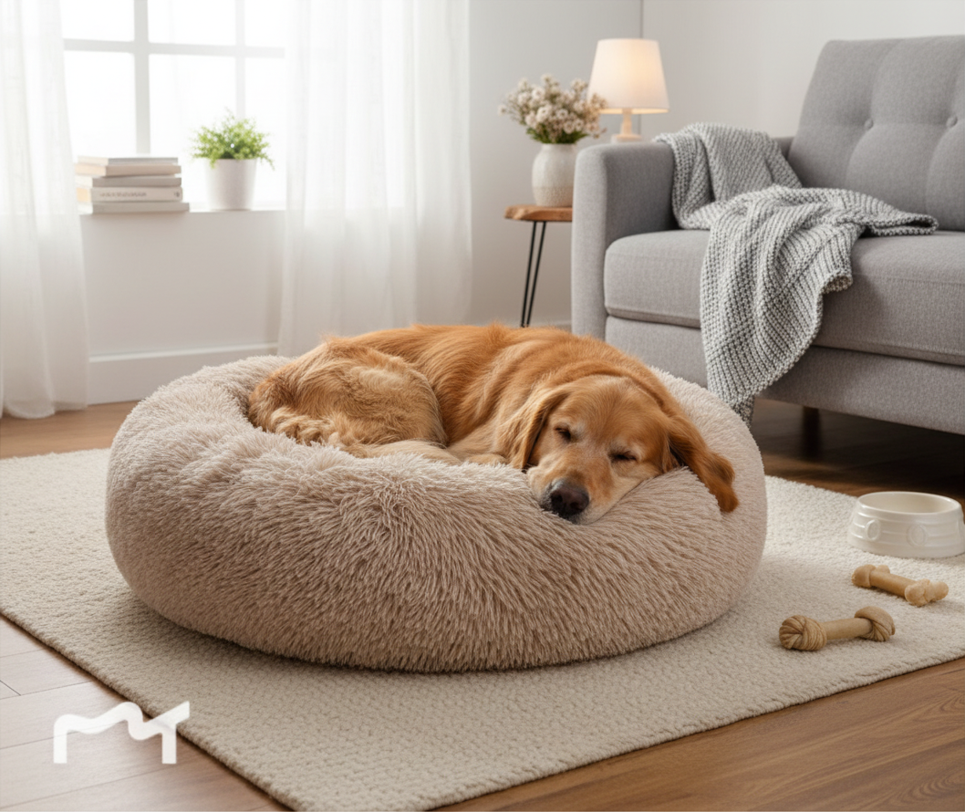 All Dogs Love plush round calming pet bed in beige with a golden retriever sleeping inside on a living room rug.