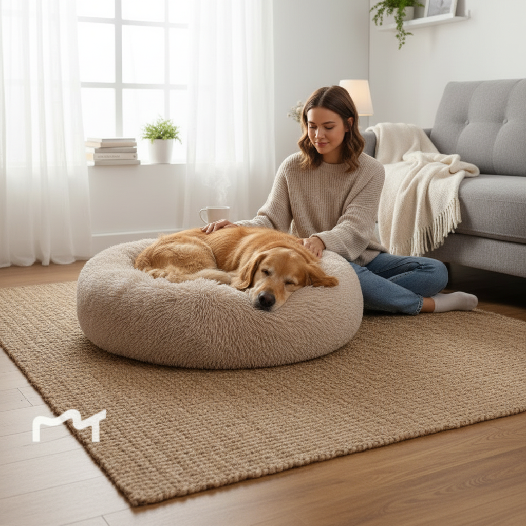 All Dogs Love plush round calming pet bed in beige with a golden retriever sleeping on it in a cozy living room