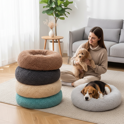 All Dogs Love plush round calming pet beds in various colors with a woman holding a puppy and a beagle sleeping