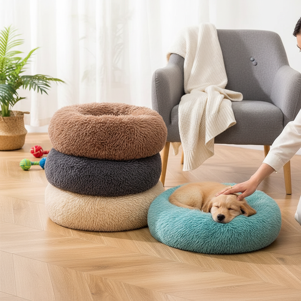 All Dogs Love plush round calming pet beds in brown, grey, cream, and teal, with a puppy sleeping in the teal bed.