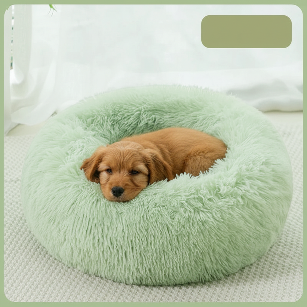 All Dogs Love plush round calming pet bed in sage green with a golden puppy sleeping inside on a soft textured rug.