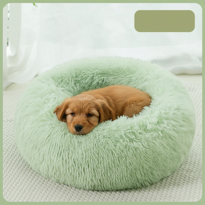 All Dogs Love plush round calming pet bed in sage green with a golden puppy sleeping inside on a soft textured rug.