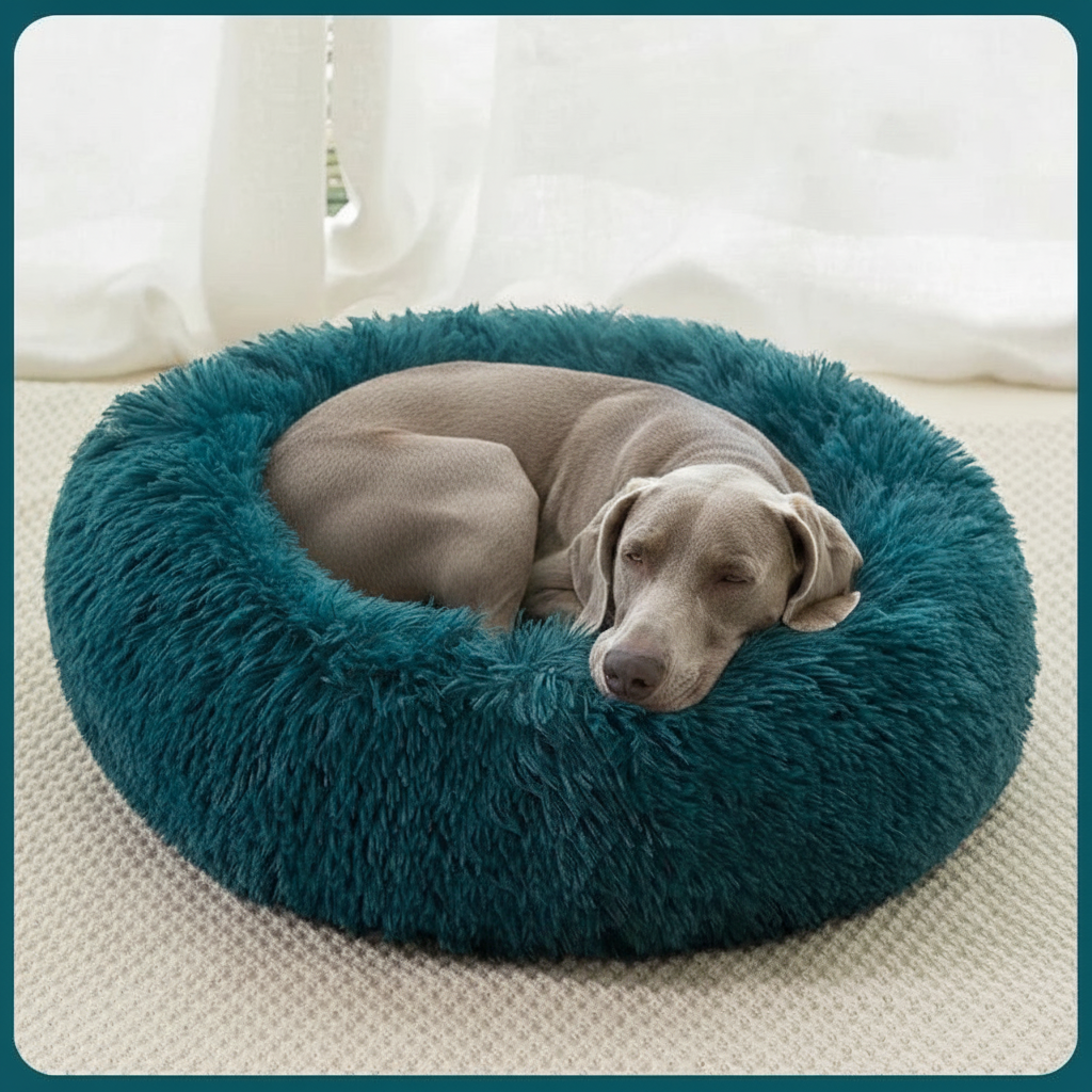 All Dogs Love plush round calming pet bed in teal with a Weimaraner dog sleeping inside on a textured rug