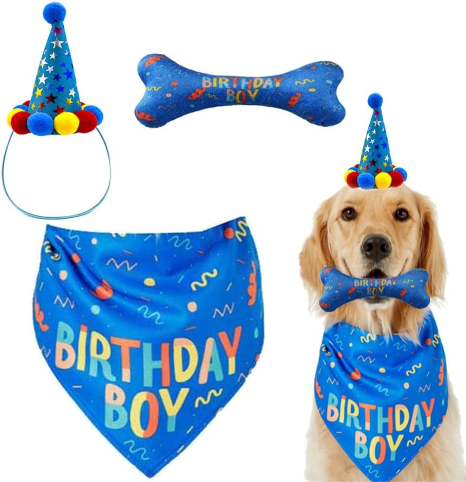Dog Birthday Boy Bandana Hat Toy Set - Pet Party Supplies, Triangle Bibs with Cute Bone Scarf Accessories and Decoration for Large Doggy - Blue