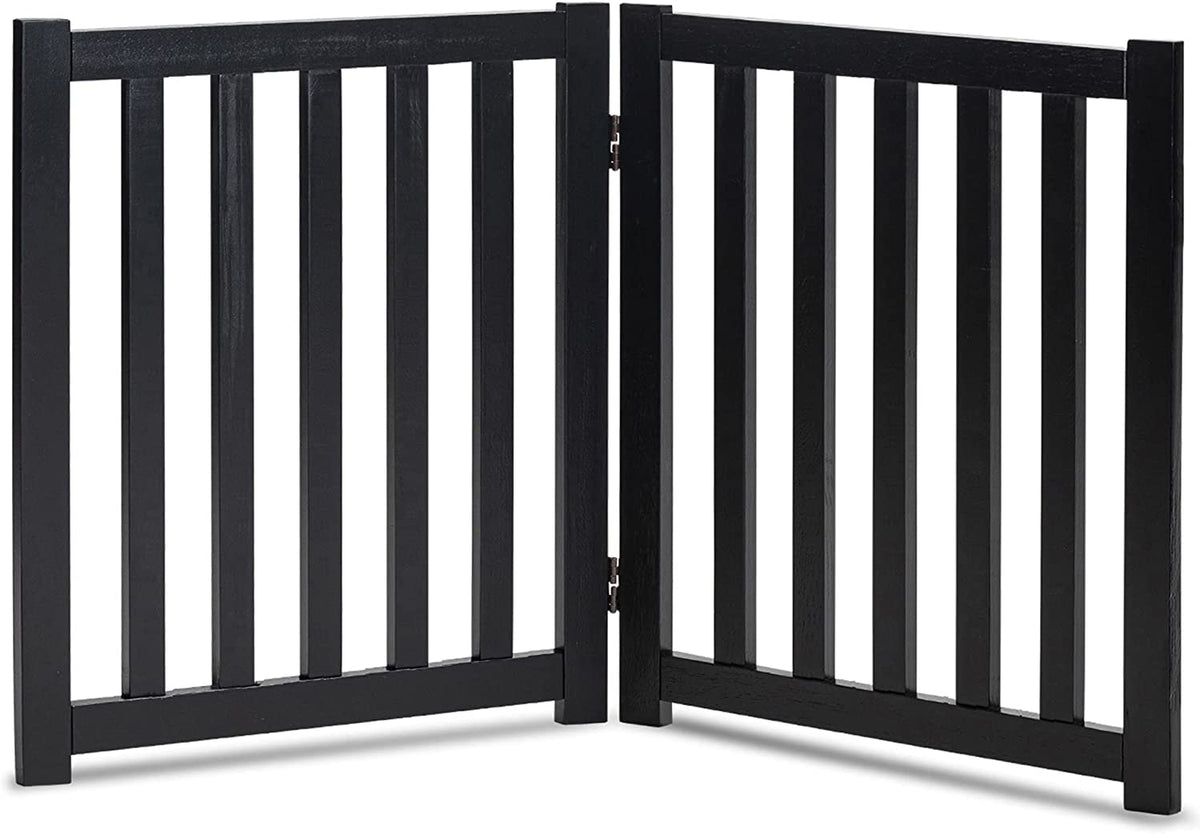 Wooden Free Standing Dog Gate 40" W X 24" H, Foldable Solid Hardwood Pet Safety Fence for House Doorways, Stairs, Hallways, Step-Over Pet Barrier, No Drill Easy Setup, Black