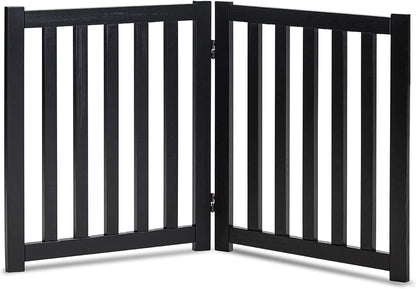 Wooden Free Standing Dog Gate 40" W X 24" H, Foldable Solid Hardwood Pet Safety Fence for House Doorways, Stairs, Hallways, Step-Over Pet Barrier, No Drill Easy Setup, Black